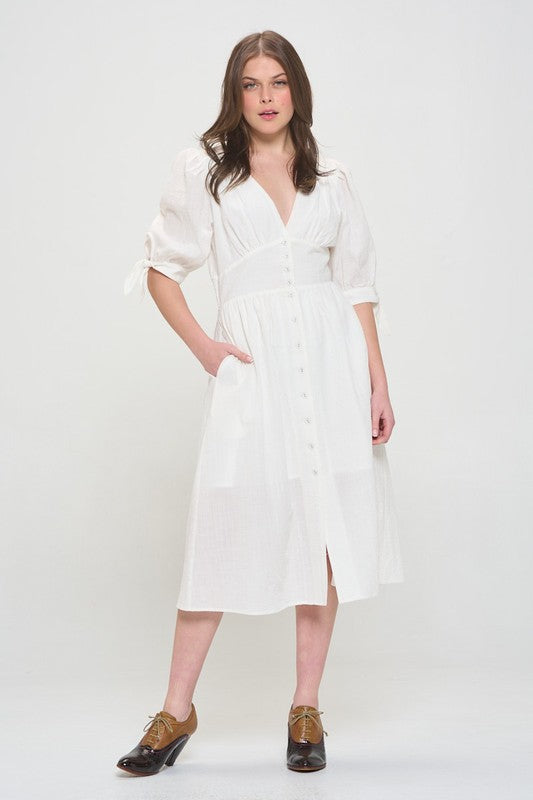 PLUS 3/4 PUFF SLV TEXTURED BUTTON DOWN MIDI DRESS