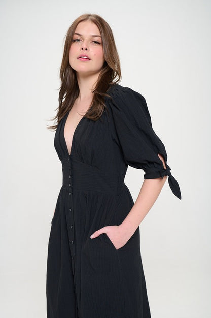 PLUS 3/4 PUFF SLV TEXTURED BUTTON DOWN MIDI DRESS