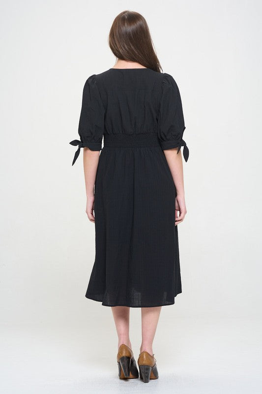 PLUS 3/4 PUFF SLV TEXTURED BUTTON DOWN MIDI DRESS