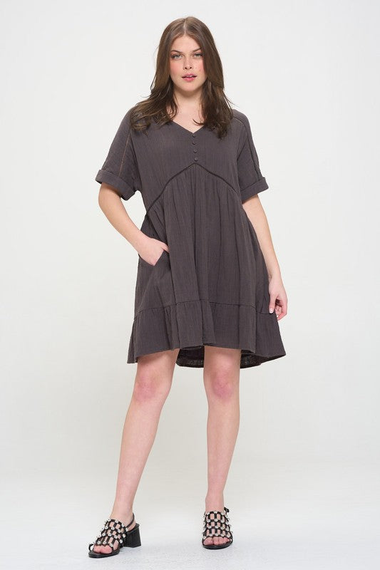 PLUS SIZE SHORT SLV BUTTON DOWN V-NECK SHORT DRESS