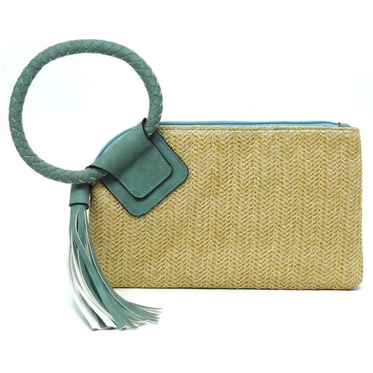 Straw Cuff Handle Tassel Wristlet Clutch