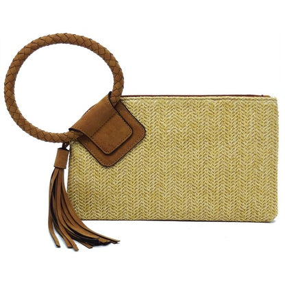 Straw Cuff Handle Tassel Wristlet Clutch