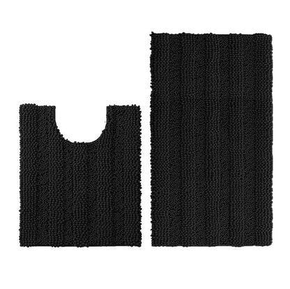 2PC Black Soft Cozy Plush Chenille Bath Mat Set