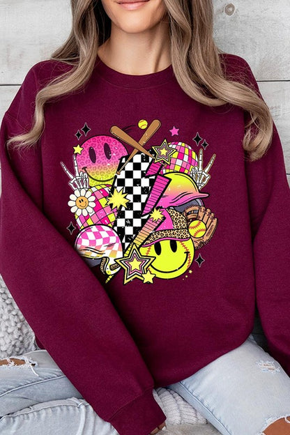 Smile Face Softball Graphic Fleece Sweatshirts