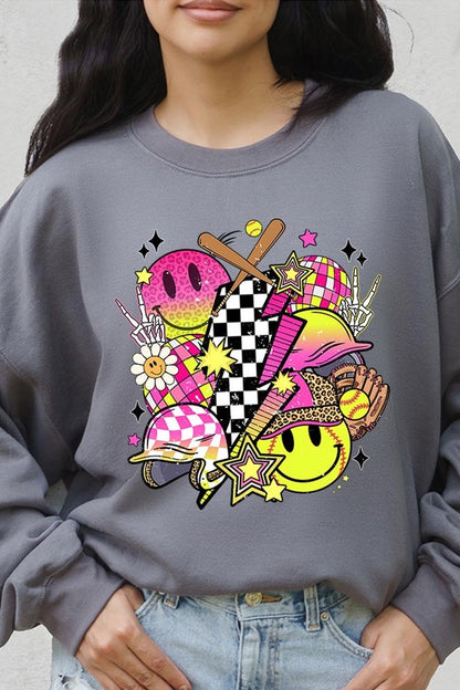 Smile Face Softball Graphic Fleece Sweatshirts