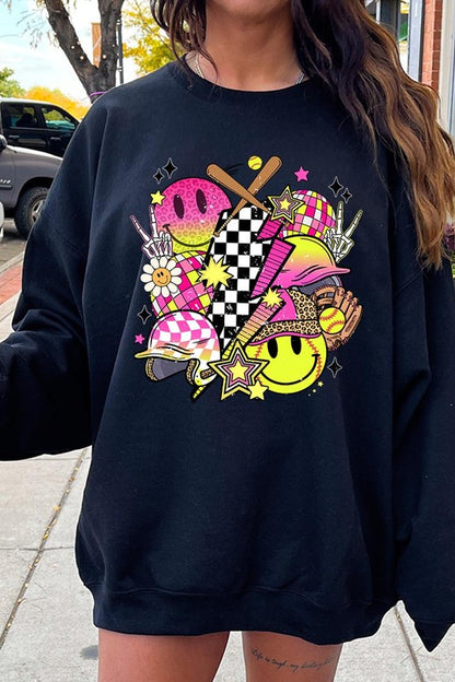 Smile Face Softball Graphic Fleece Sweatshirts