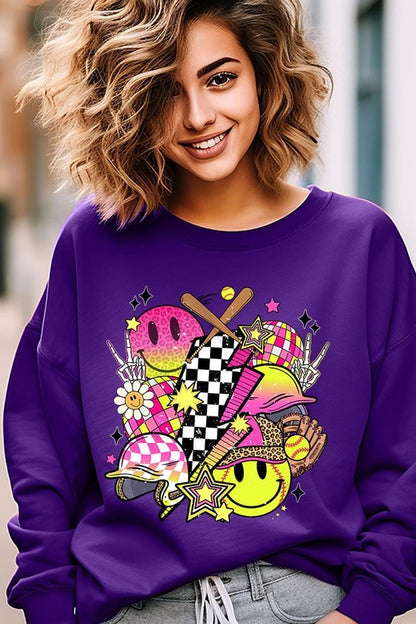 Smile Face Softball Graphic Fleece Sweatshirts