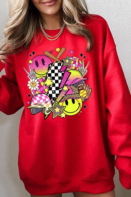 Smile Face Softball Graphic Fleece Sweatshirts