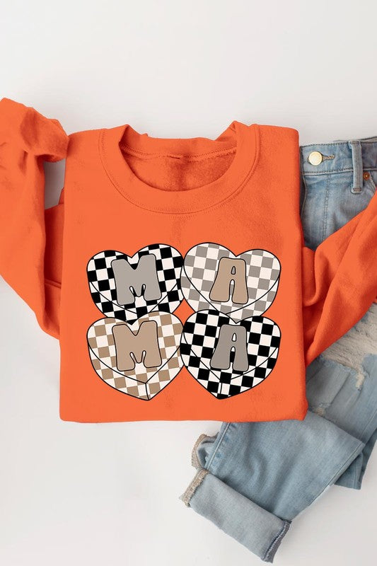 Mama Hearts Checker Graphic Fleece Sweatshirts