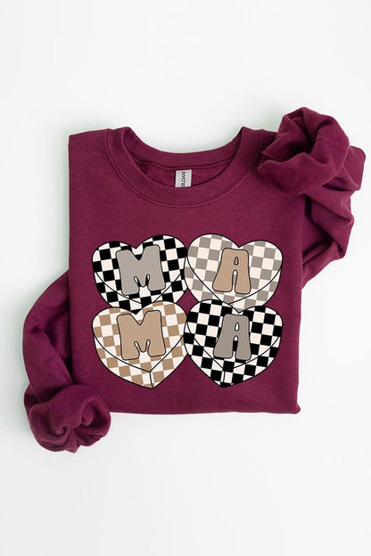 Mama Hearts Checker Graphic Fleece Sweatshirts