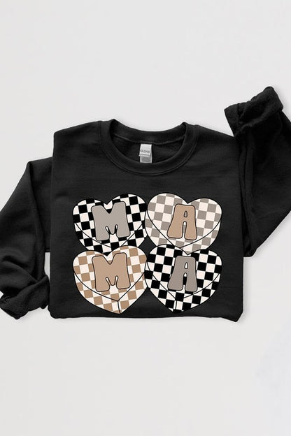 Mama Hearts Checker Graphic Fleece Sweatshirts