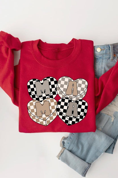 Mama Hearts Checker Graphic Fleece Sweatshirts