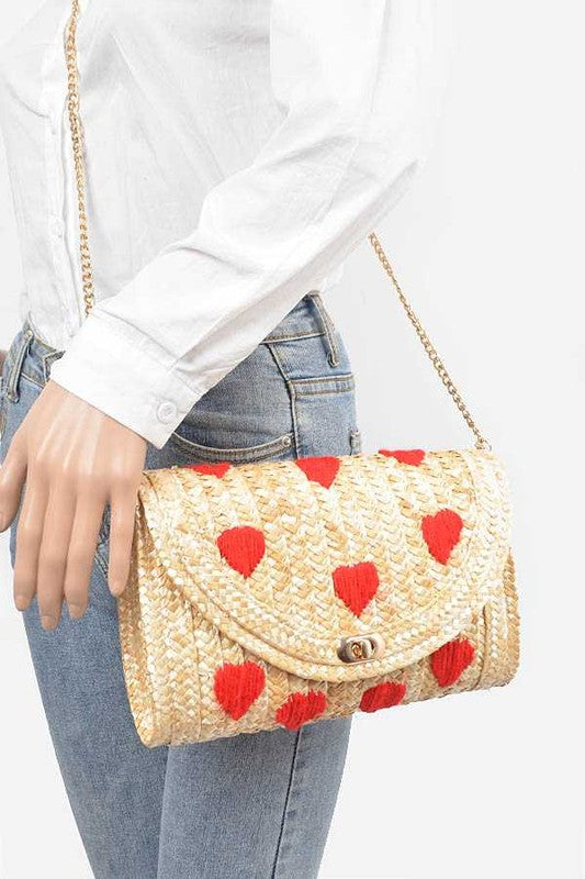 Heart Pattern Straw Convertible Clutch Bag