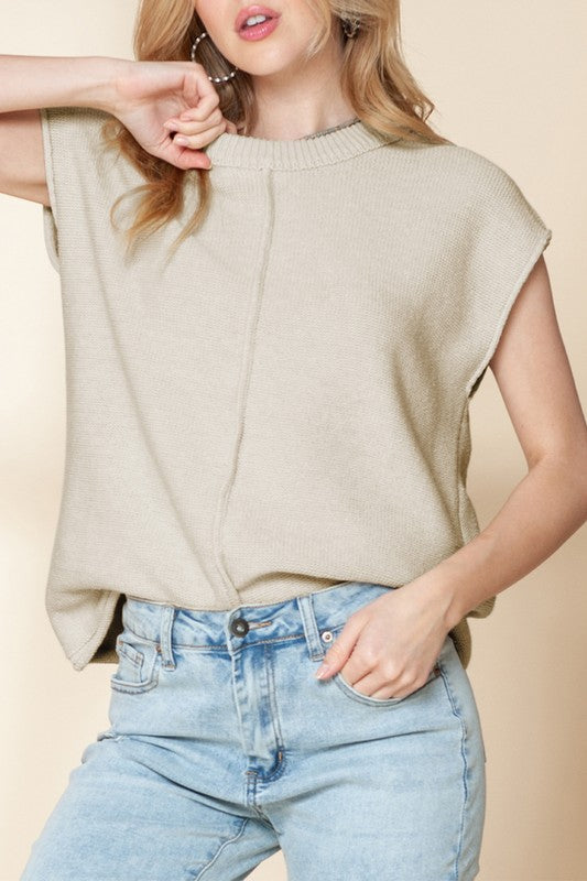 Oatmeal Solid Color Cap Sleeve Knitted Sweater