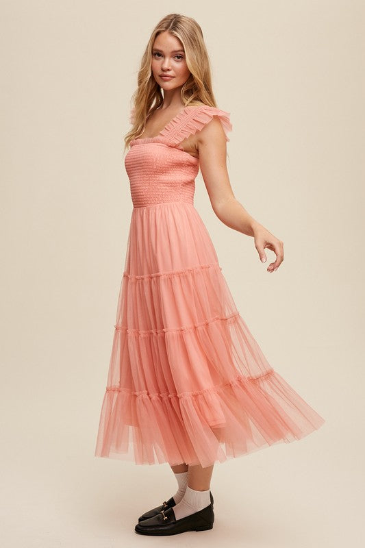 Smocked Ruffle Tiered Mesh Midi Maxi Dress