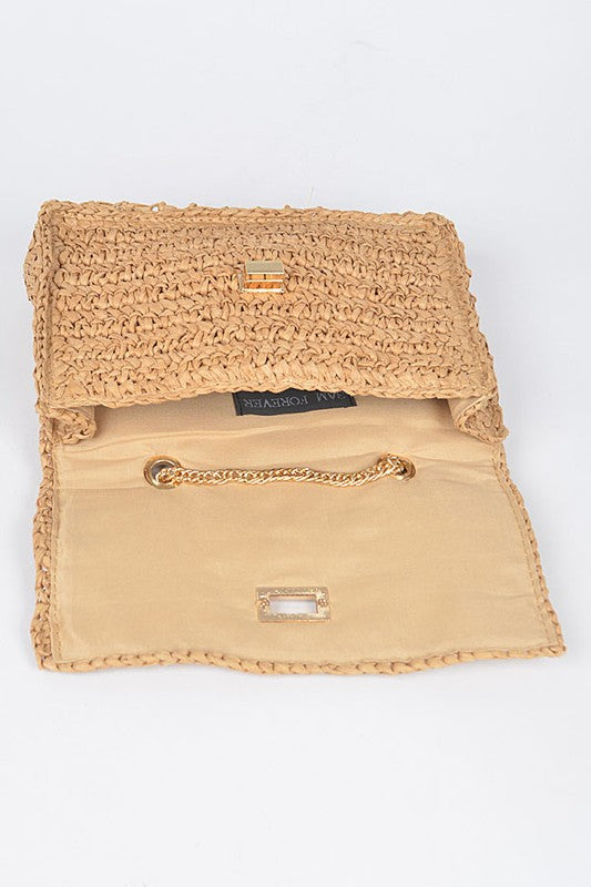 Faux Straw Turn Lock Shoulder Bag