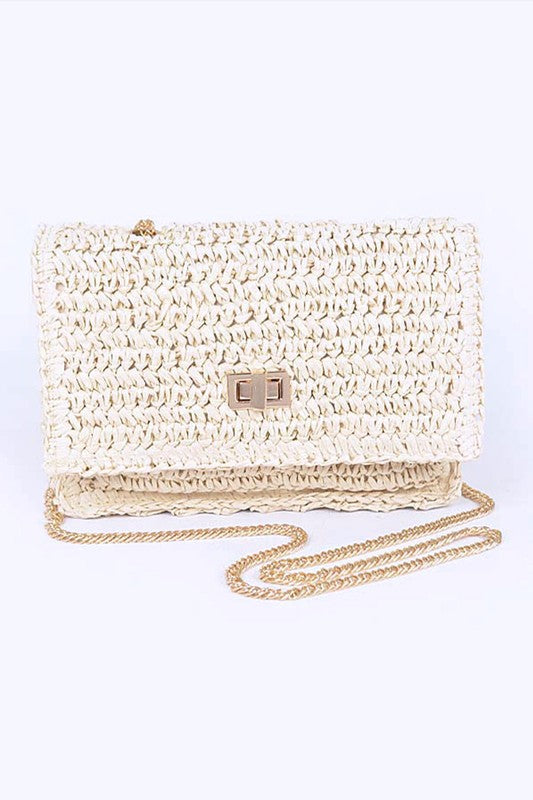 Faux Straw Turn Lock Shoulder Bag