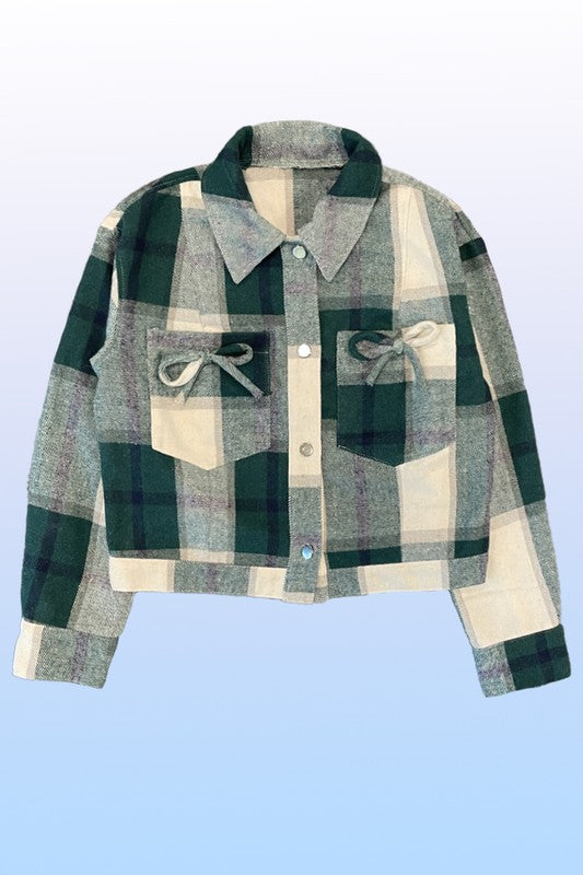 Cropped flannel jacket with bow detailing