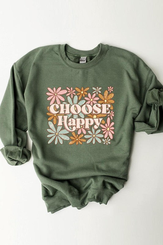 Choose Happy Floral Graphic Fleece Sweatshirts