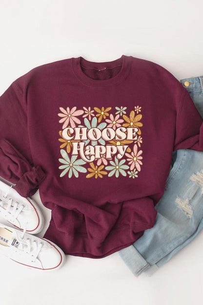 Choose Happy Floral Graphic Fleece Sweatshirts