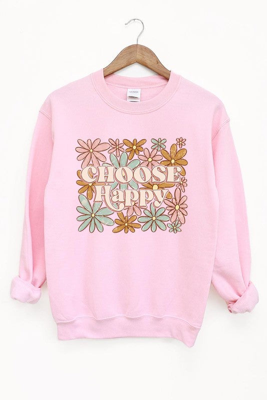 Choose Happy Floral Graphic Fleece Sweatshirts