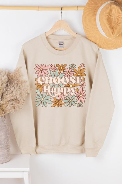 Choose Happy Floral Graphic Fleece Sweatshirts