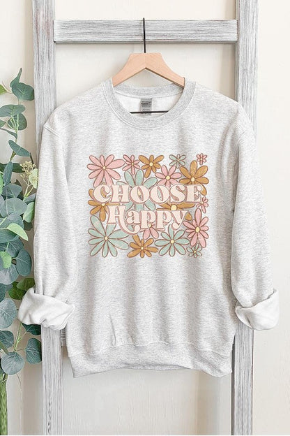 Choose Happy Floral Graphic Fleece Sweatshirts