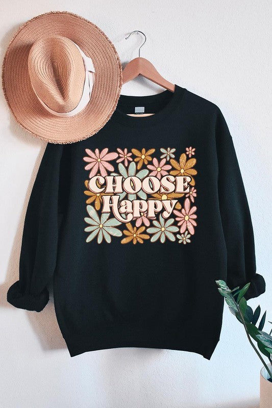 Choose Happy Floral Graphic Fleece Sweatshirts