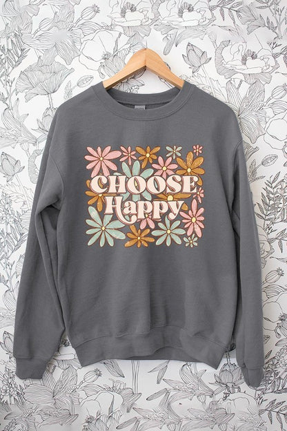 Choose Happy Floral Graphic Fleece Sweatshirts