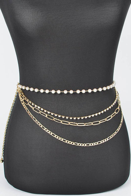 Rhinestone Pearl Station Layered Chain Belt