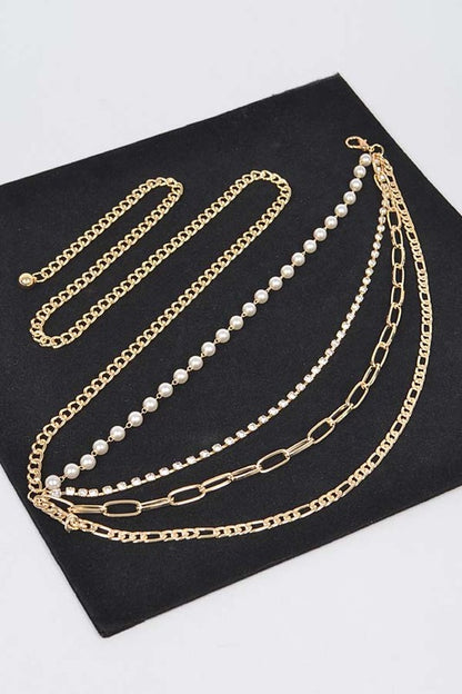 Rhinestone Pearl Station Layered Chain Belt