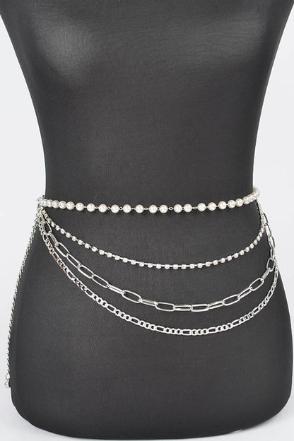 Rhinestone Pearl Station Layered Chain Belt