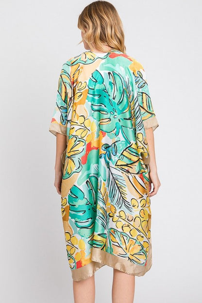 Tropical Leaf Print Silky Kimono Cover UP