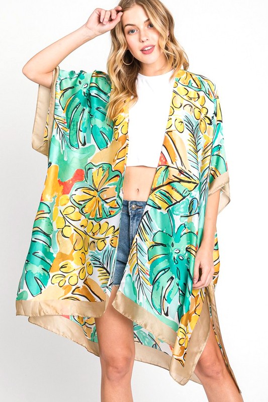 Tropical Leaf Print Silky Kimono Cover UP