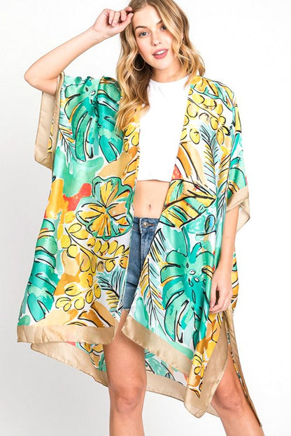 Tropical Leaf Print Silky Kimono Cover UP