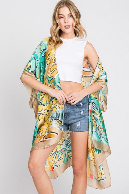 Tropical Leaf Print Silky Kimono Cover UP