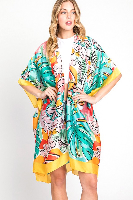 Tropical Leaf Print Silky Kimono Cover UP