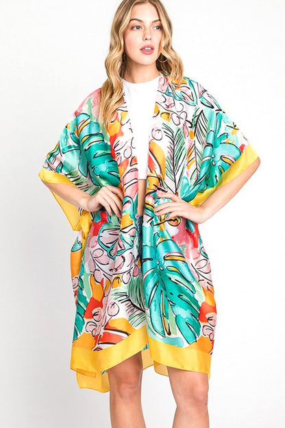 Tropical Leaf Print Silky Kimono Cover UP