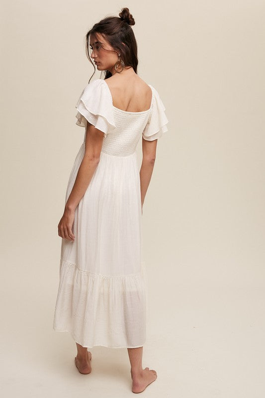 Square Neck Ruffled Short Sleeve Maxi Dress