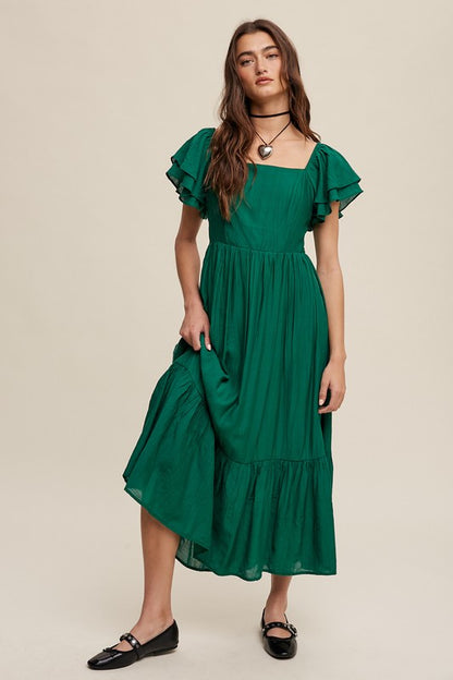 Square Neck Ruffled Short Sleeve Maxi Dress