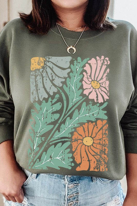 Distressed Boho flower Graphic Fleece Sweatshirts