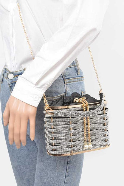 Weaved Rhinestone Basket Box Clutch