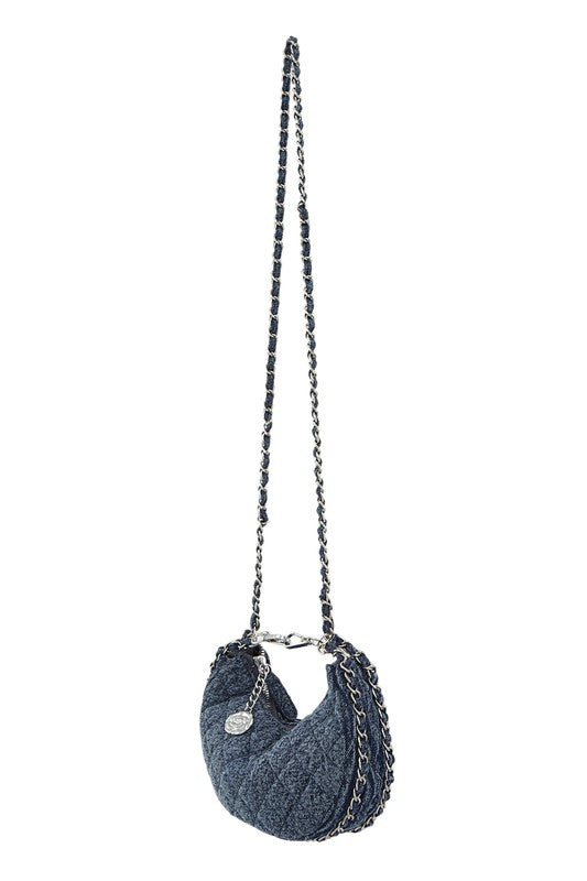 Denim and Flower Chain Crossbody Bag