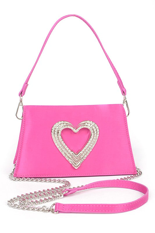 Crystal Heart Satin Top Handle Convertible Clutch