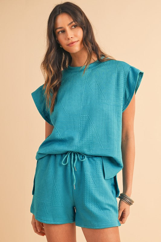 Textured Ruffle Split Top and Drawstring Shorts