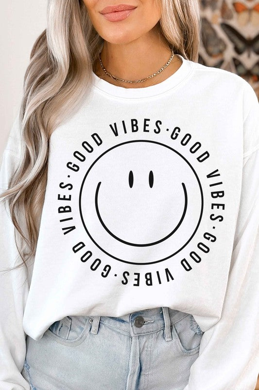 GOOD VIBES HAPPY SMILES GRAPHIC SWEATSHIRT