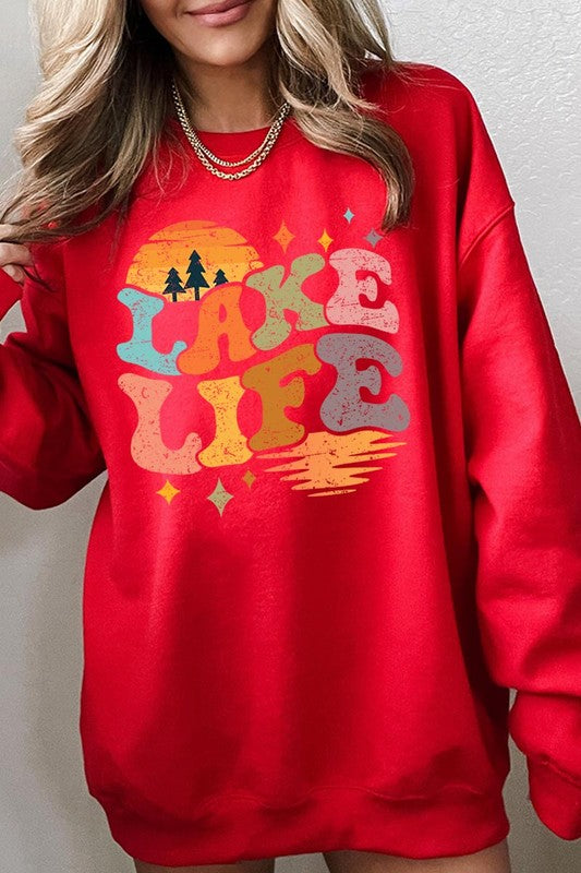 Retro Lake Life Graphic Fleece Sweatshirts