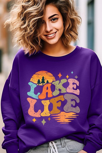 Retro Lake Life Graphic Fleece Sweatshirts