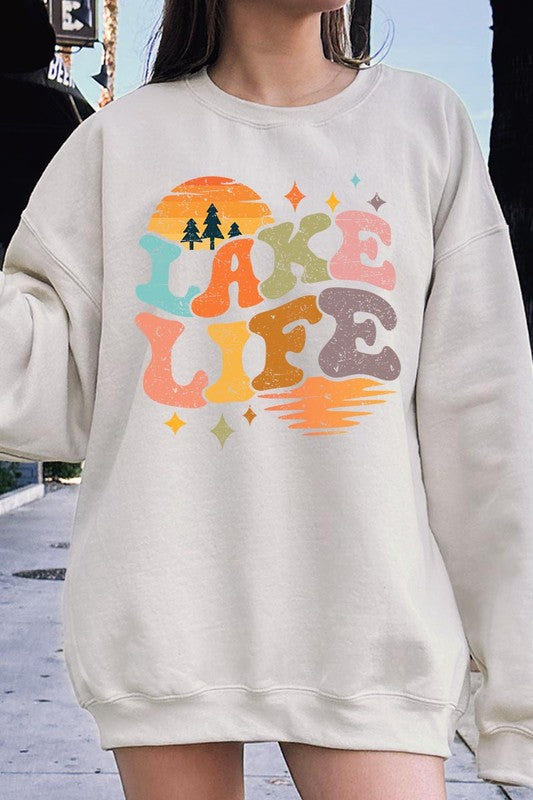 Retro Lake Life Graphic Fleece Sweatshirts