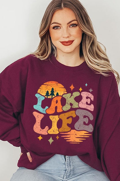 Retro Lake Life Graphic Fleece Sweatshirts